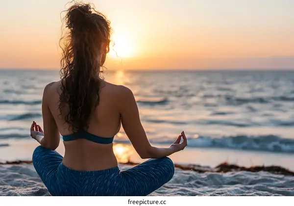 Woman practicing yoga on the beach at sunset