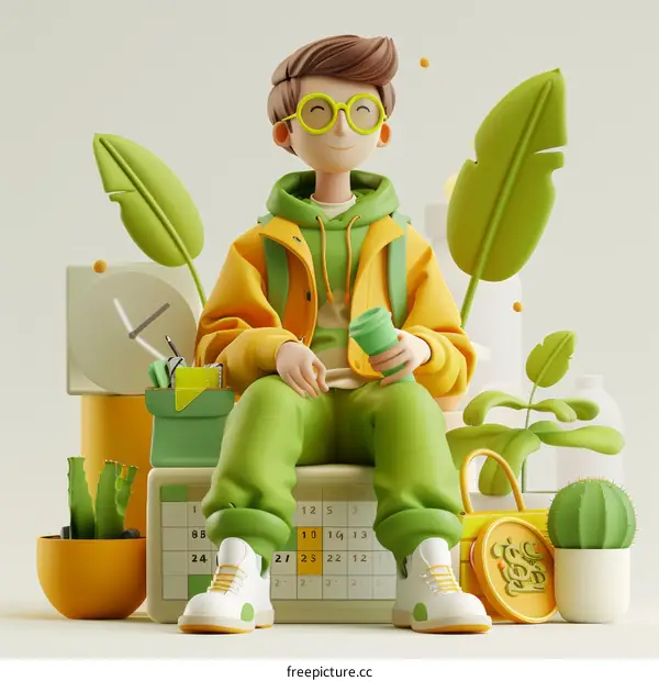 3D illustration of a young man sitting on a calendar surrounded by plants