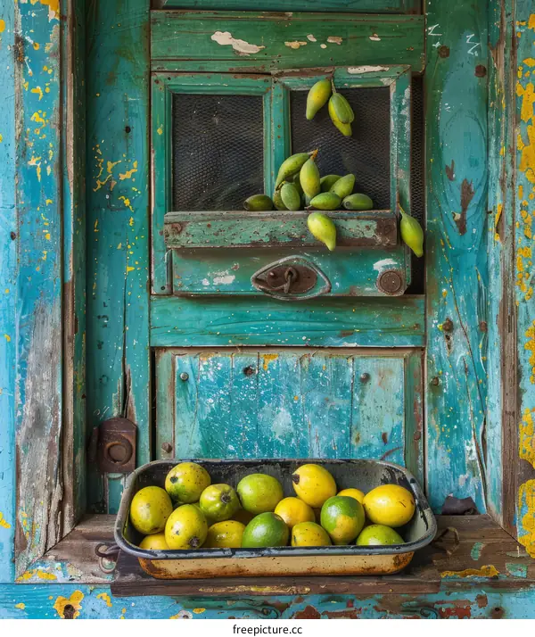 Rustic Still Life with Green and Yellow Lemons