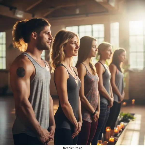 A group of people standing in a yoga studio