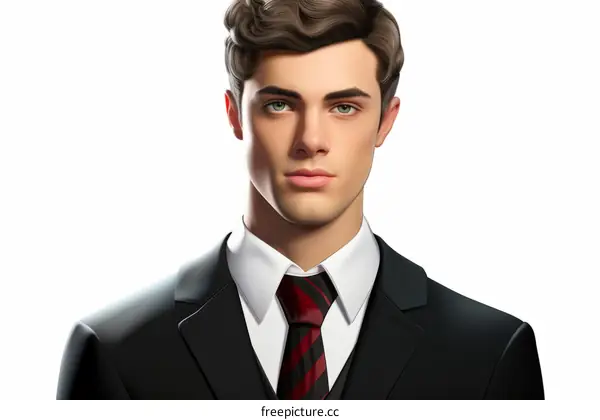 Portrait of a handsome young man with wavy brown hair, green eyes, and wearing a suit and tie