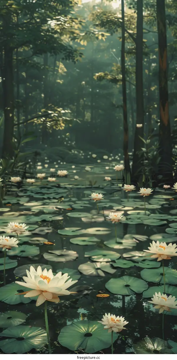 Mystical Forest Pond with White Lotuses