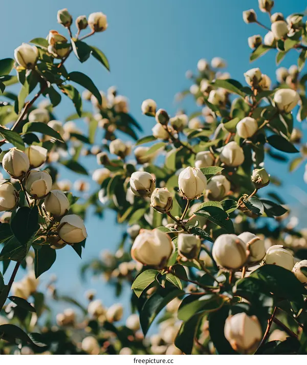 White Flowers Blooming On Branch Against Blue Sky