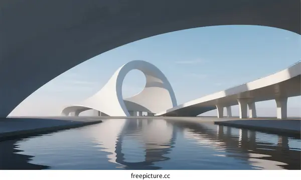 Modern Architectural Structure with Curved Design Over Water