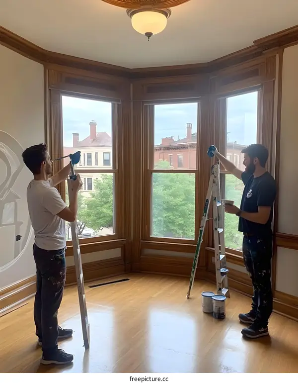 Two Men Painting Inside a Room with Wooden Windows and Trim