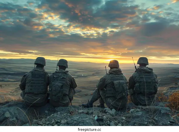 Four soldiers sitting on a hilltop watching the sunset