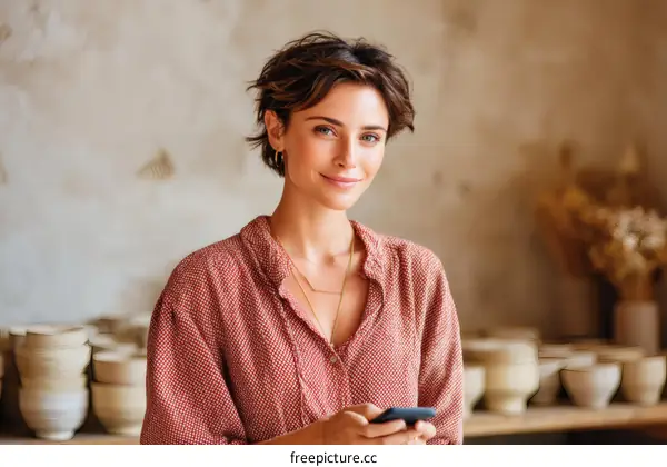 Smiling Woman Holding Phone in Creative Studio