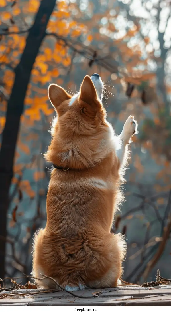 A cute dog is sitting on a wooden fence in the middle of a forest