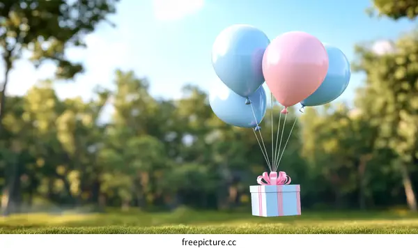 Floating Gift Box with Balloons in Park