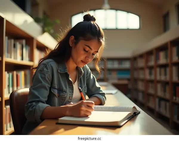 Young Woman Studying in a Library