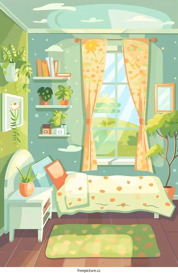 Green and Yellow Bedroom Interior Design with Bed, Window and Plants