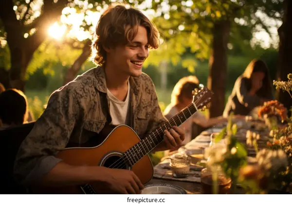 Young man playing guitar at a garden party