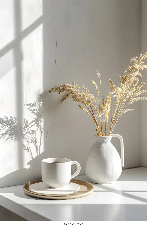 Minimalist Home Decor with Dried Flowers and a Coffee Cup