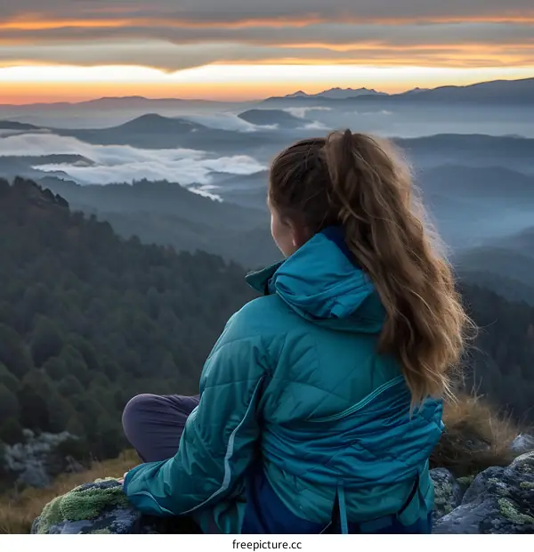 Woman in Blue Jacket Sitting on Mountaintop with Sunrise View