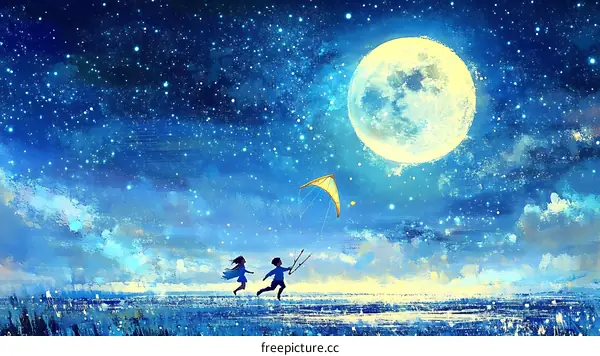 Starry Night Moonlit Meadow with Two Children Flying a Kite