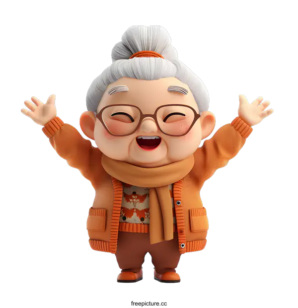 [Transparent Background PNG]Happy Elderly Cartoon Woman with White Hair Wearing Orange Sweater