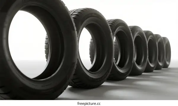 A row of black car tires arranged in a line