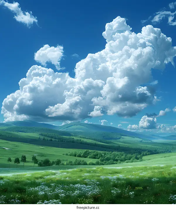 Green rolling hills under a blue sky with white clouds