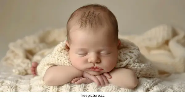 Sleeping Newborn Baby on Knitted Blanket