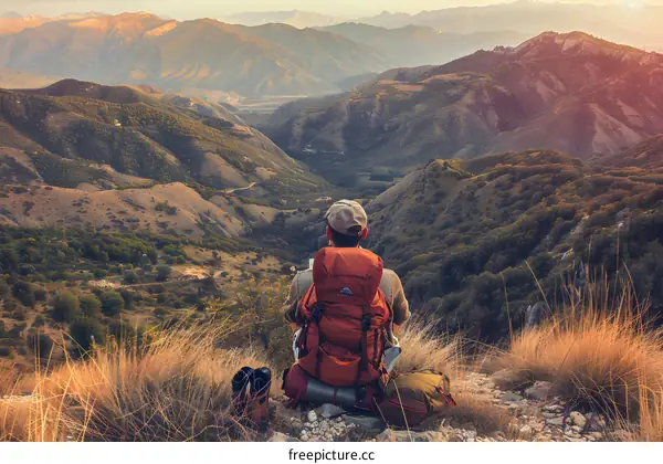 Man Sitting on a Mountain Top with a Backpack Looking at the View