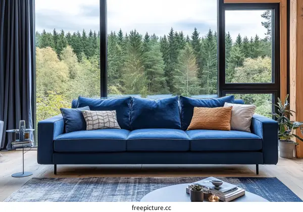 Modern Blue Sofa by Large Window with Forest View