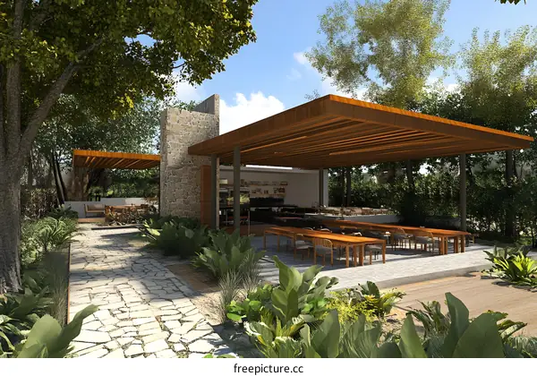 Outdoor Dining Area with Stone Wall and Wooden Canopy