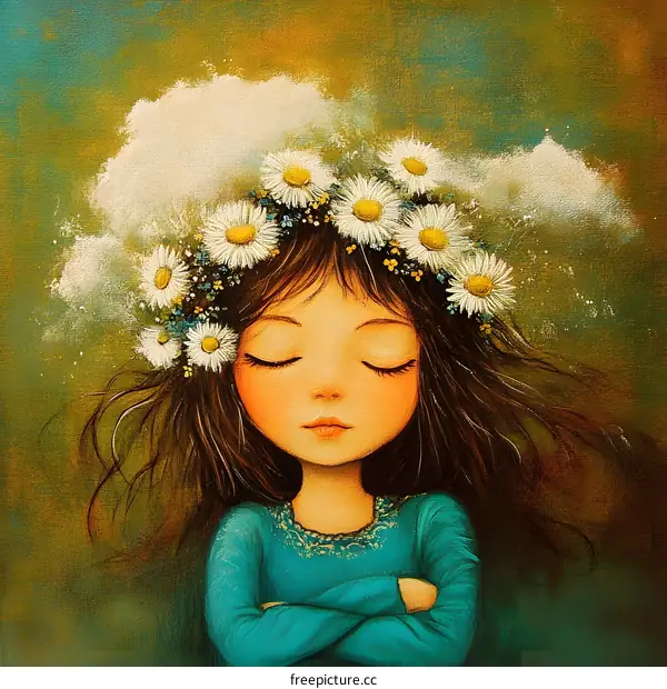 Girl with Daisy Wreath and Clouds Illustration