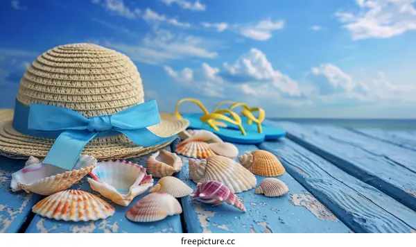 Beach accessories on a wooden background with a sea and sky background