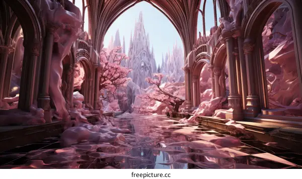 Pink fantasy landscape with a long corridor, cherry blossom trees, and a mountain in the distance