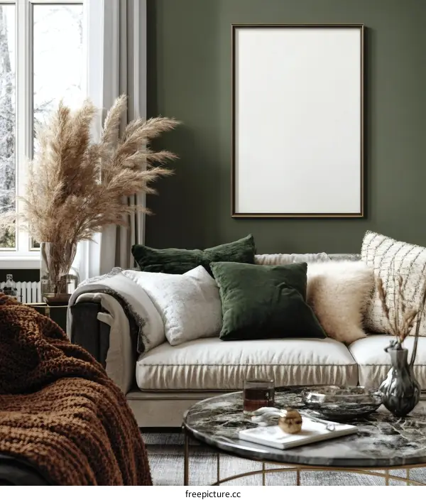 Modern Cozy Living Room Mockup with Empty Frame