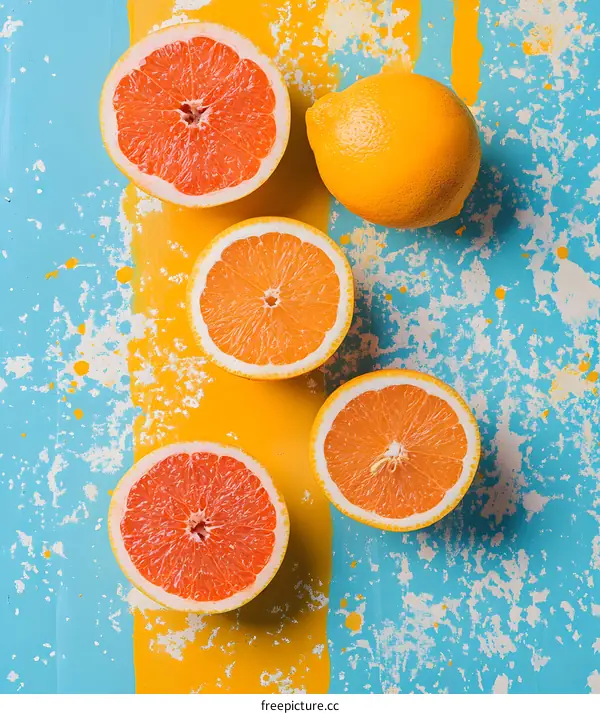 Fresh Citrus Fruits on Yellow and Blue Background