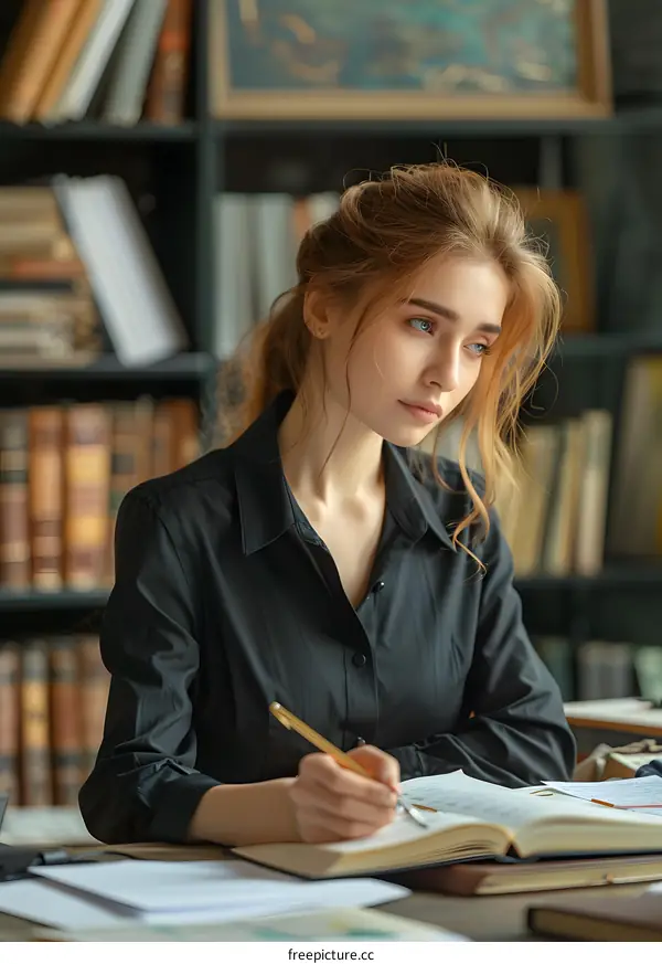 Portrait of a beautiful young woman writing in her journal