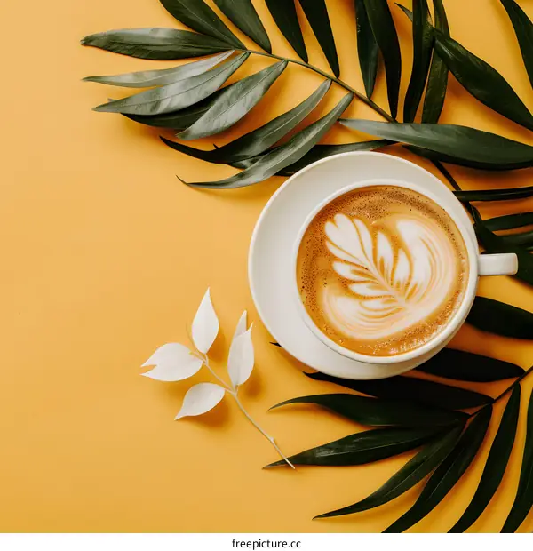 Closeup of a Cup of Latte Art with Palm Leaves on Yellow Background