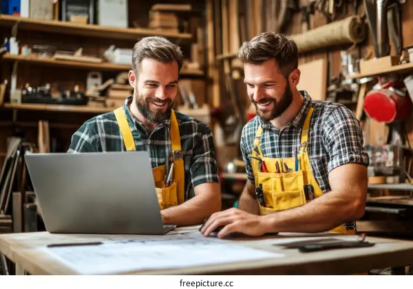 Two Caucasian Woodworkers Collaborating on a Project Using a Laptop