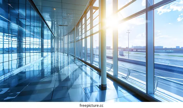 Modern Architecture Glass Corridor With View Of Airport
