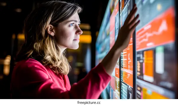 Woman Analyzing Financial Data on Large Display Screen