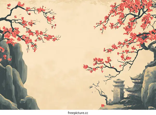 Japanese Watercolor Painting of Cherry Blossoms with Ancient Architecture