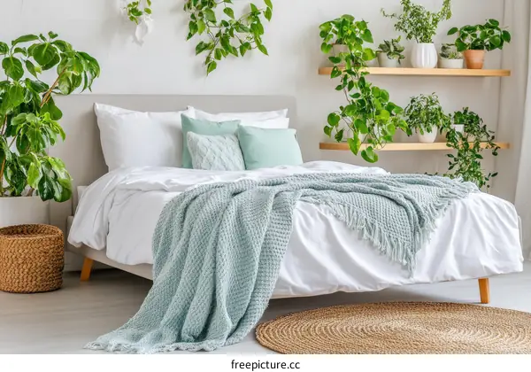 Stylish Modern Bedroom with Plants and Soft Bedding