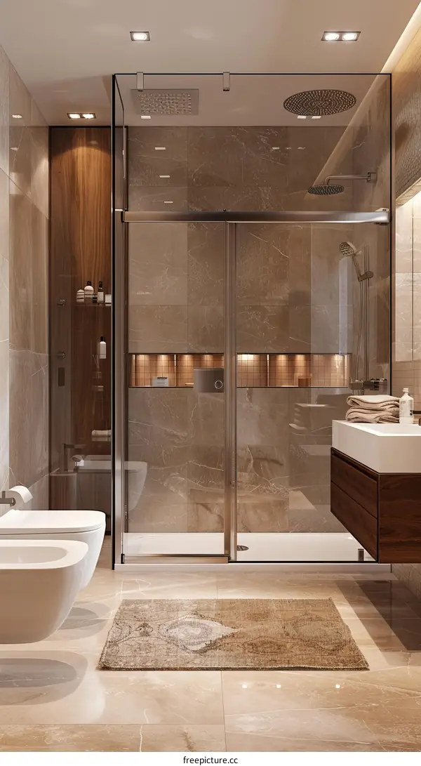 Luxury bathroom with marble tiles and glass shower enclosure