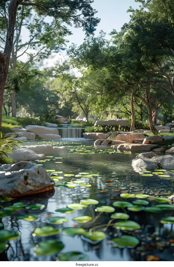 Waterfall in a Serene Rocky Japanese Zen Garden