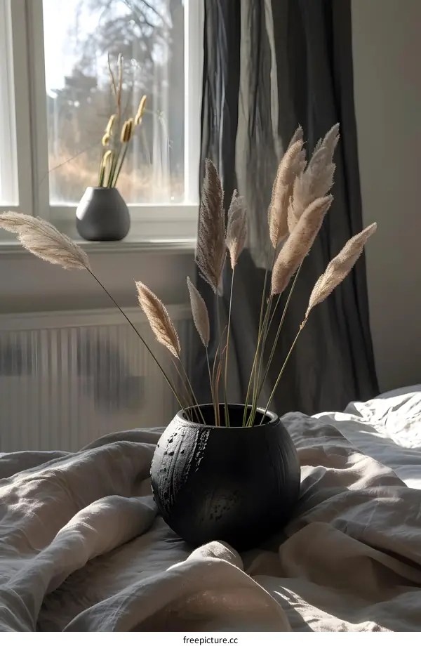 Black Vase with Dried Pampas Grass on a Bed