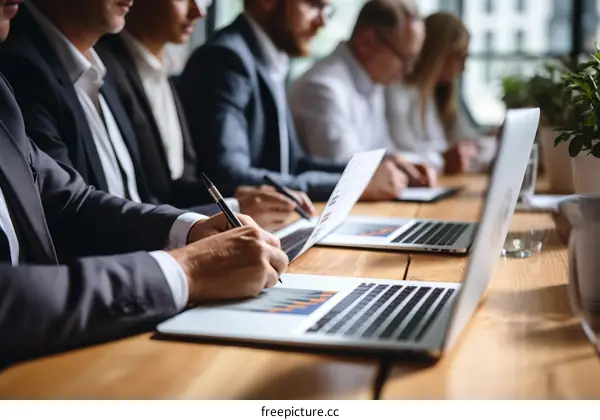 A group of business people are sitting around a table having a meeting