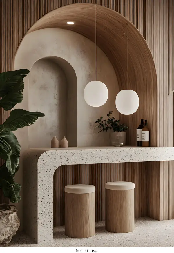 Minimalist Interior Design with Wooden Accents and Arched Details