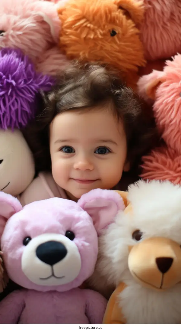 An adorable baby girl surrounded by stuffed animals