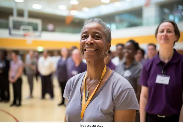 Smiling African American woman with group of people in background