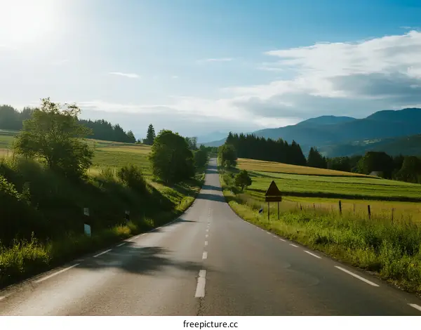 A scenic road through lush green fields under a clear sky
