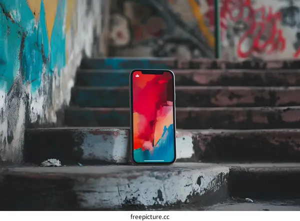 Gold iPhone on Concrete Steps With Abstract Wallpaper