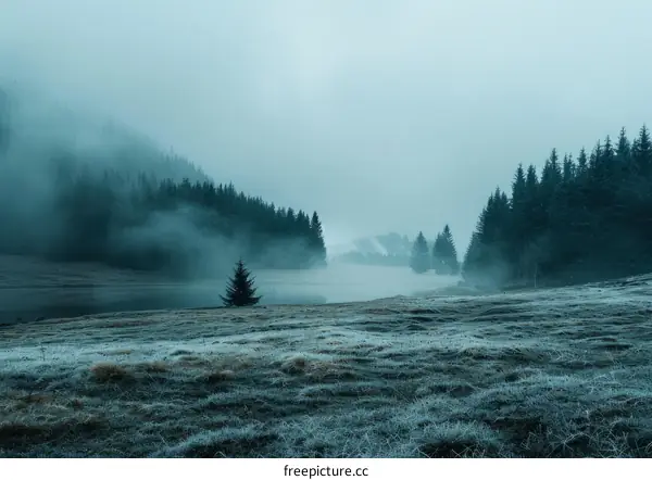 Mountains and Lake in Fog