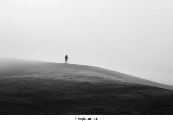 Person standing alone on a hilltop in the fog