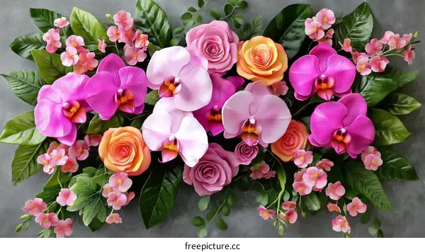 Colorful Floral Arrangement of Orchids and Roses